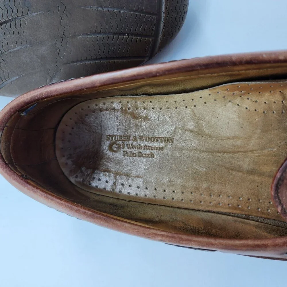 Stubbs and Wootton Palm Beach Brown Leather Boat Shoes Mens Size 10.5 D USA Made